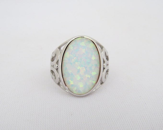 Vintage Sterling Silver White Opal Oval Filigree Ring Size 8