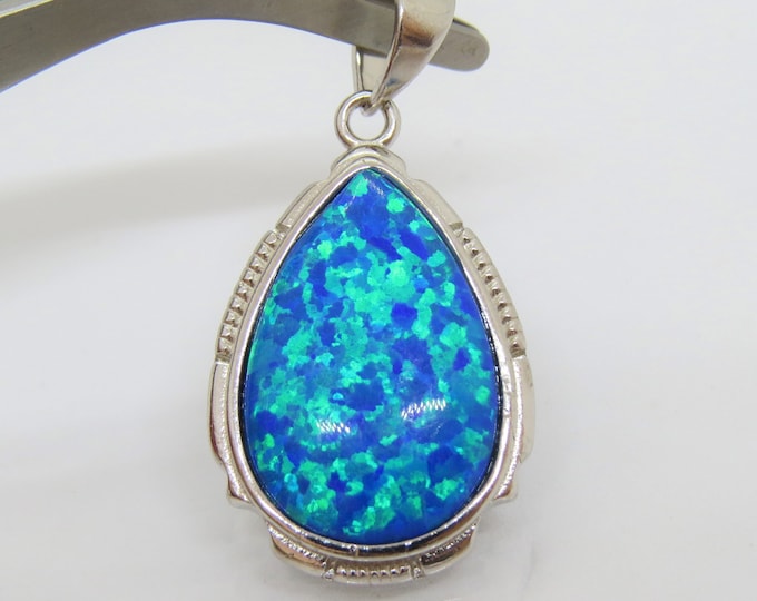 Vintage Sterling Silver Pear cut Blue Opal Pendant