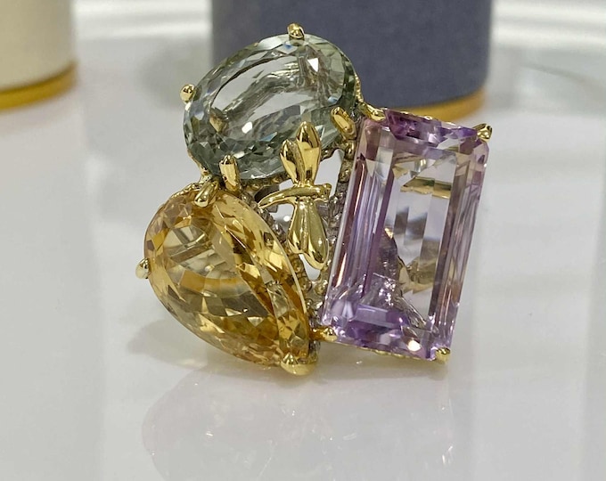 Vintage Sterling Silver 52.5ctw Natural Amethyst, Green Amethyst & Citrine Ring Size 8 1/2