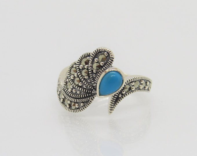 Vintage Sterling Silver Turquoise & Marcasite Angel Wing Ring Size 7