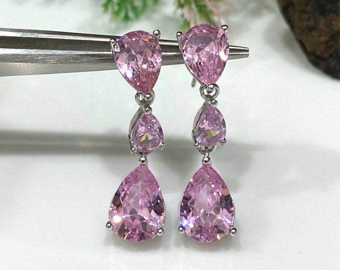 Vintage Sterling Silver Pear cut Pink Sapphire Dangle Earrings.