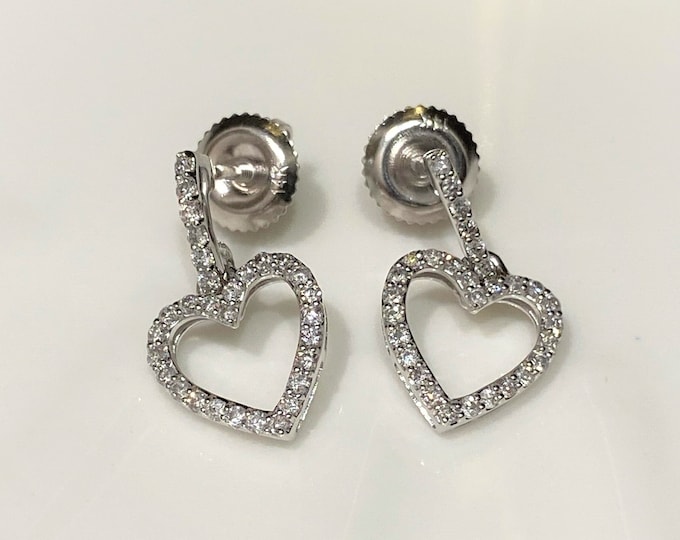 Vintage 14K Solid White Gold Diamond Heart Screw Back Earrings.