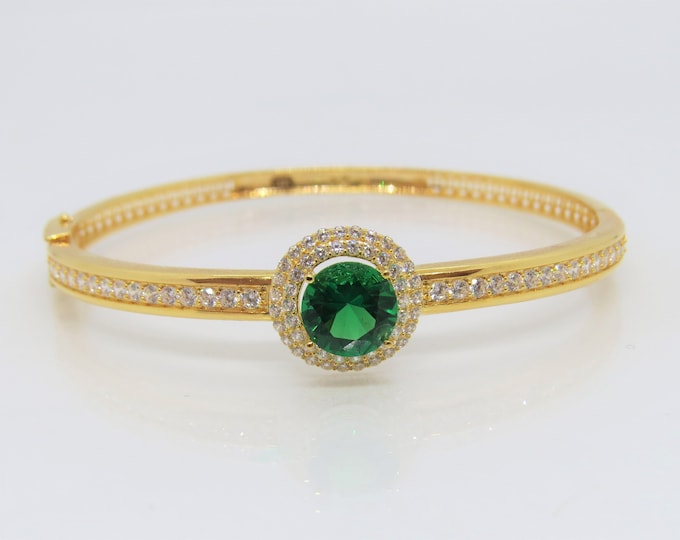 18K Solid Yellow Gold Emerald & White Topaz Bangle Bracelet 6 6/8''