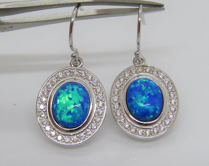 Vintage Sterling Silver Blue Opal & White Topaz Dangle Earrings
