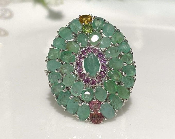 Vintage Sterling Silver Natural Oval Emerald & Rhodolite, Citrine, Peridot Ring Size 8