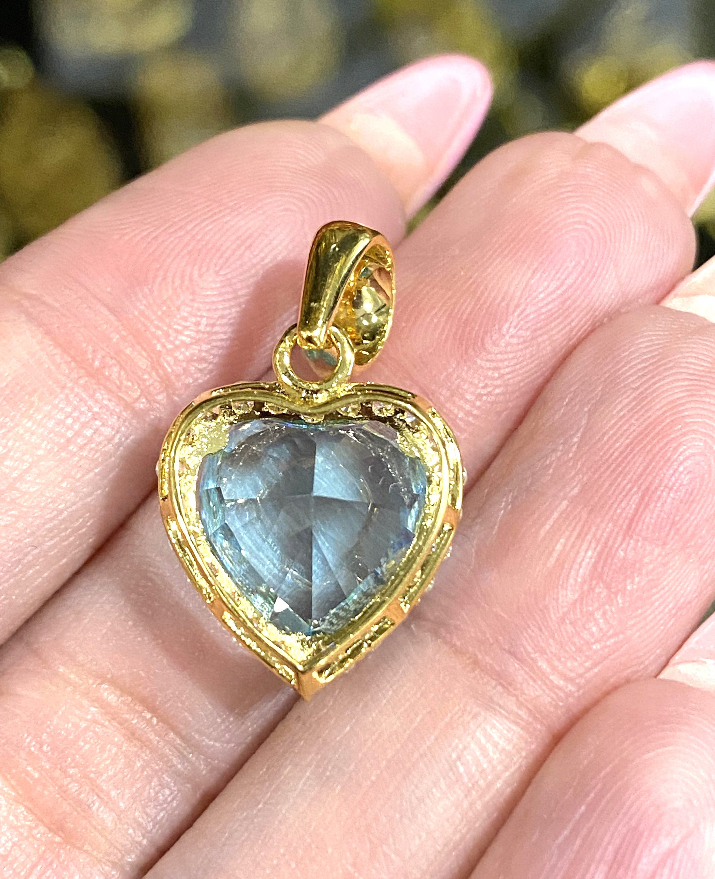 CARISSIMA Collana Oro Giallo 9ct Con Ciondolo Cuore - Topazio Blu E Diamante Bianco 0,32 Ct - Catena Curb 46 Cm - Gioiello Italiano