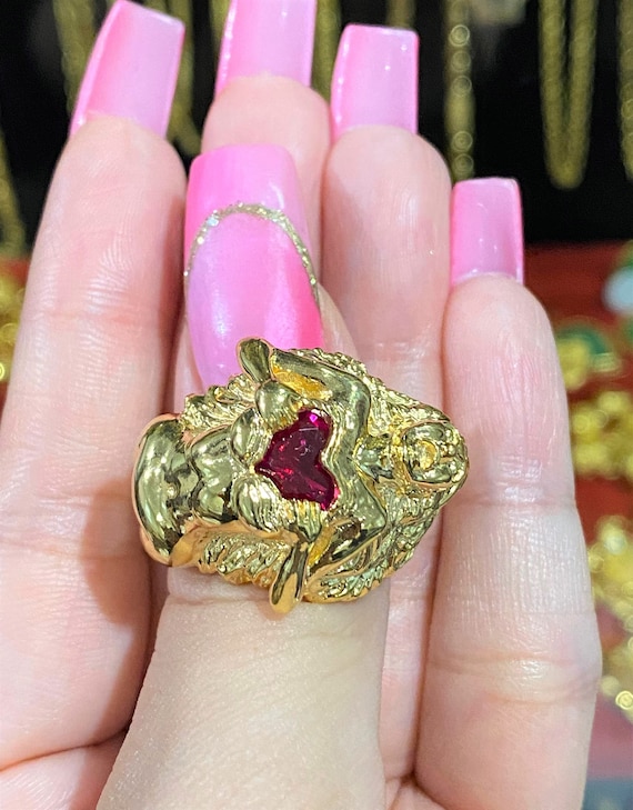 Vintage 18K Solid Yellow Gold Heart Red Ruby Knee… - image 4