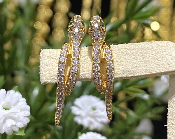 Vintage 14K Gold Plate Sterling Silver White Topaz Emerald Snake's Eye Hoop Earrings.