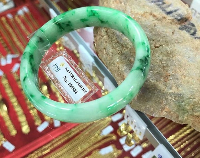 Vintage Translucent Natural Floral Green, White Jadeite Jade Bangle Bracelet 55MM