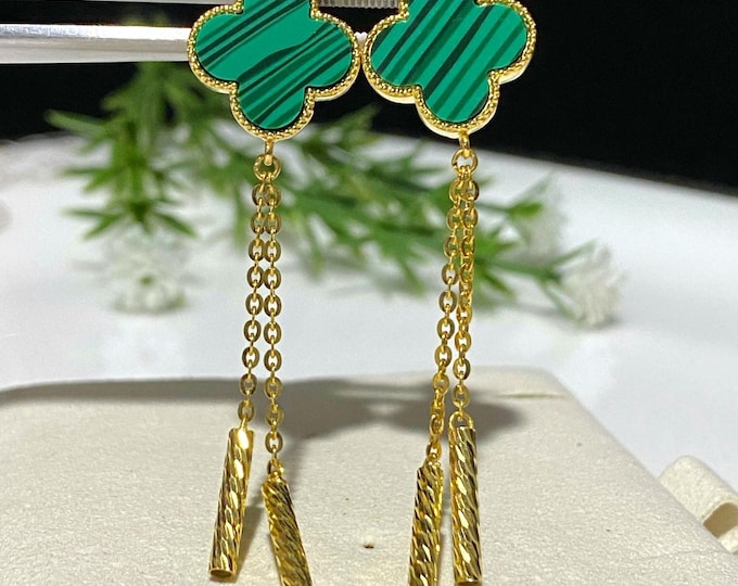 Vintage 15K 610 Solid Yellow Gold Malachite Lucky Clover Leaf Dangle Drop Earrings.