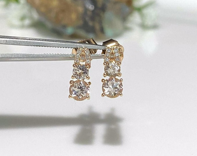 Vintage 14K Solid Rose Gold .65ct Natural Morganite & Diamond Earrings.