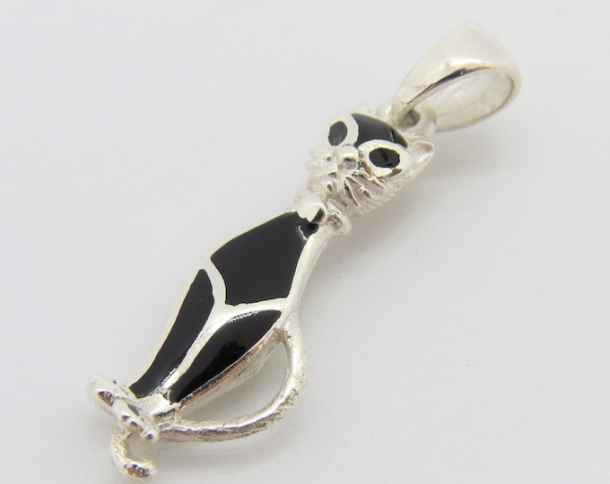 Vintage Sterling Silver Black Onyx Kitty Cat Pendant