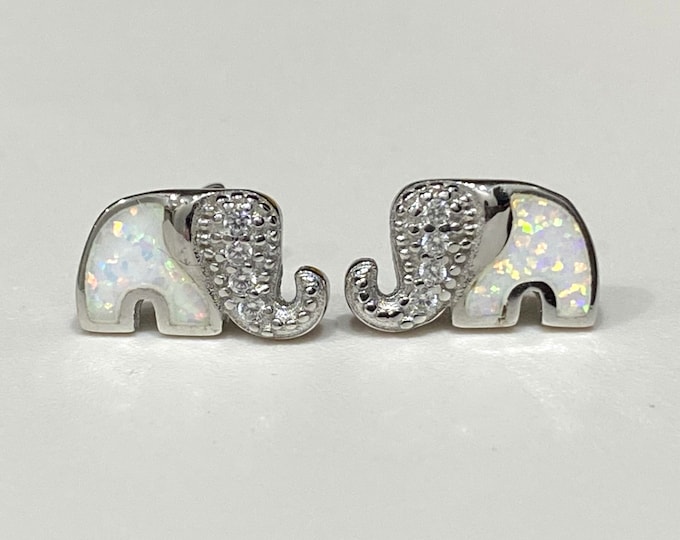 Vintage Sterling Silver White Opal & White Topaz Elephant Earrings.
