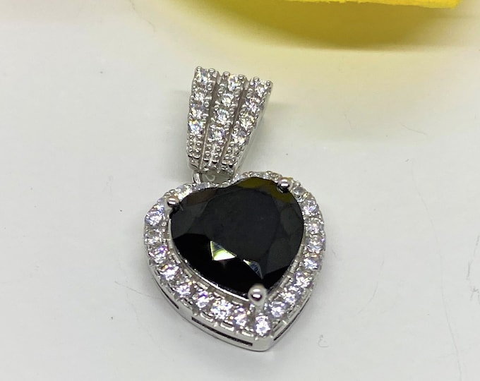 Vintage Sterling Silver Heart cut Black Sapphire & White Topaz Pendant.