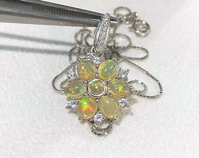 Vintage Sterling Silver Natural Opal, White Topaz Flower Pendant Chain 18''