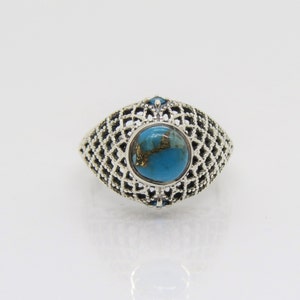 Vintage Sterling Silver Turquoise & Blue Topaz Filigree Ring Size 8