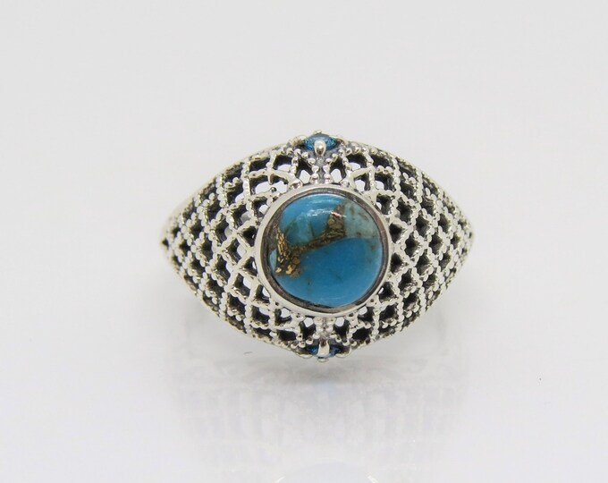 Vintage Sterling Silver Turquoise & Blue Topaz Filigree Ring Size 8