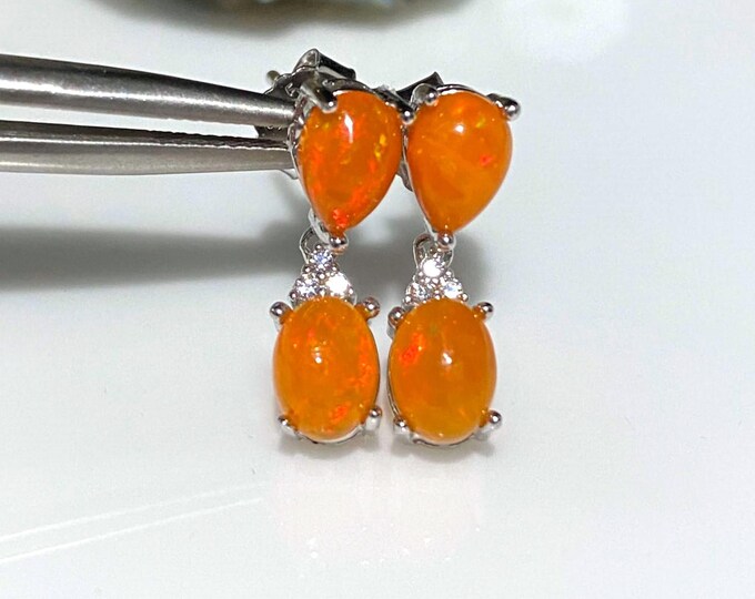 Vintage Sterling Silver 2.94ctw Natural Orange Fire Opal & White Topaz Dangle Earrings.