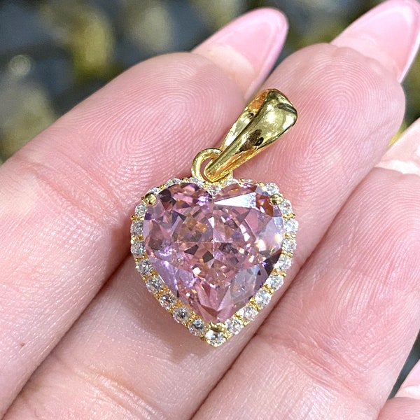 Vintage 15K 610 Solid Gold Pink Sapphire & White Topaz Heart Pendant.