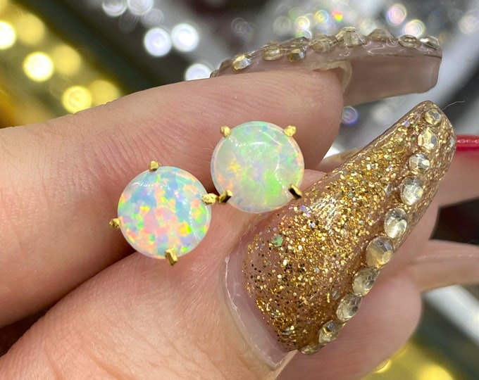 18K Solid Yellow Gold 2.56ct Round cut White Opal Vintage Stud Earrings