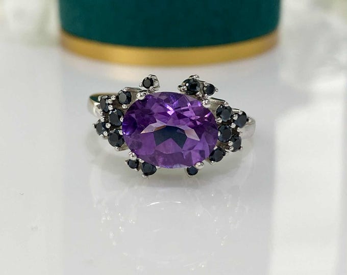 Vintage Sterling Silver Gemstone Ring Amethyst & Black Sapphire- Size 7
