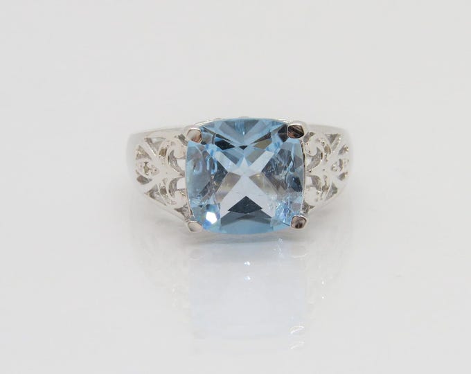 Vintage Sterling Silver 4.40Ct Natural Aquamarine & White Topaz Ring Size 6