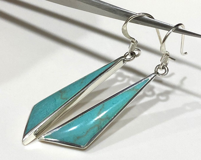 Vintage Sterling Silver Turquoise Triangle Dangle Earrings.