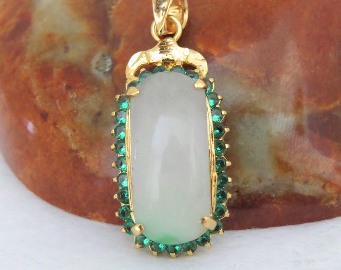 Vintage 18K Solid Gold Translucent Green, Lavender Jadeite Jade & Emerald Saddle Pendant