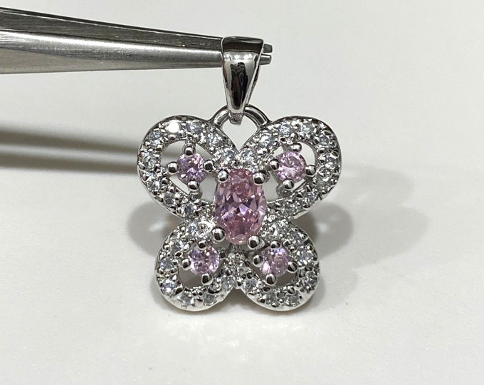 Vintage Sterling Silver Pink Sapphire & White Topaz Butterfly Pendant.