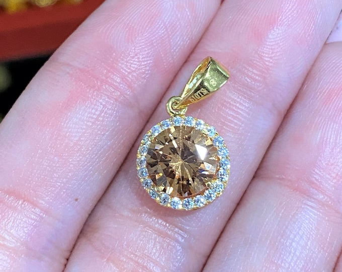 Vintage 18K Solid Gold Morganite & White Topaz Solitaire Pendant .