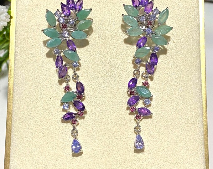 Vintage Sterling Silver Natural Emerald & Amethyst, Tanzanite, White Topaz Dangle Earrings.