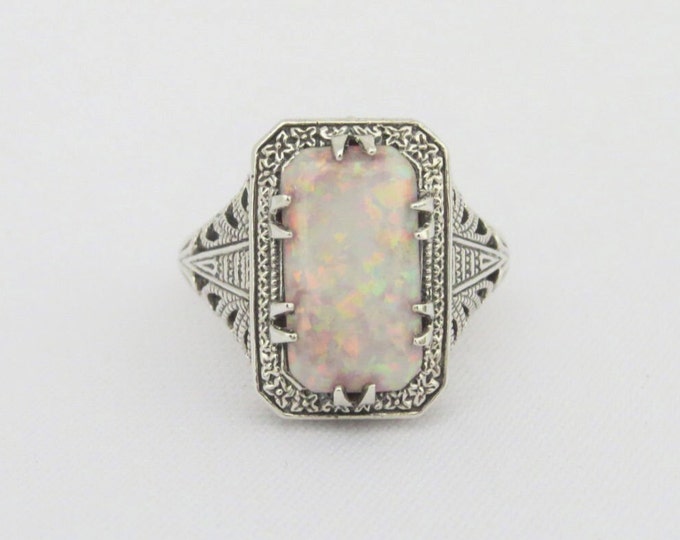Vintage Sterling Silver White Opal Filigree Ring Size 8