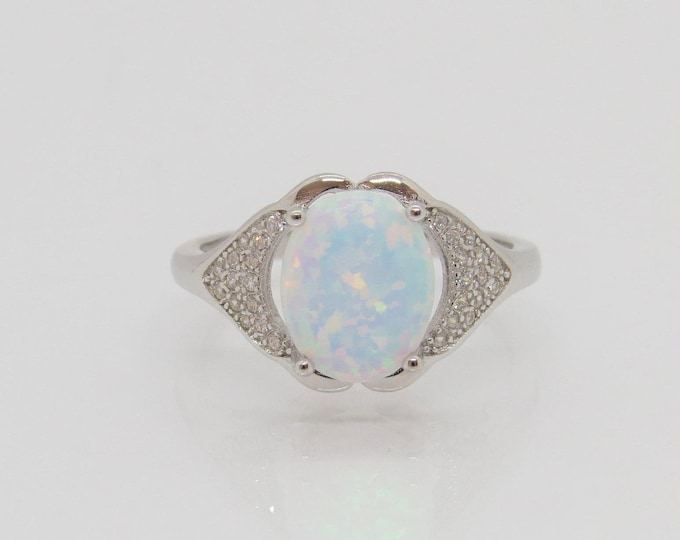 Vintage Sterling Silver White Opal & White Topaz Ring Size 8