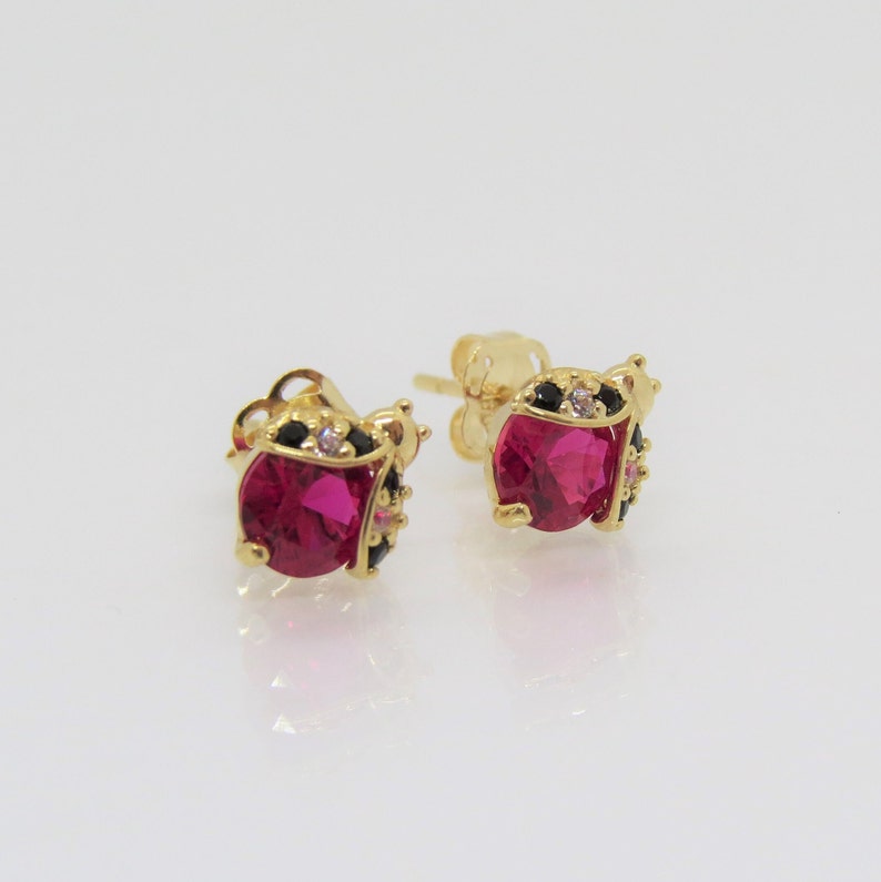 Vintage 14K Solid Yellow Gold Ruby, Black Sapphire & White Topaz Ladybug Stud Earrings image 3