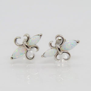 Vintage Sterling Silver White Opal Fleur De Lis Earrings