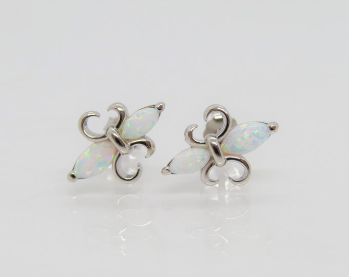 Vintage Sterling Silver White Opal Fleur De Lis Earrings
