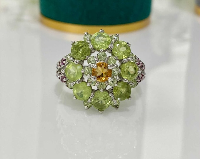 Vintage Sterling Silver Natural Peridot, Citrine & Rhodolite Flower Ring Size 6 3/4