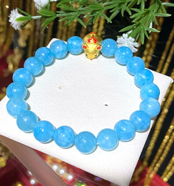 Vintage 24K 9999 Yellow Gold Enamel Mouse Rat with Blue Aquamarine Bead Bracelet 8MM