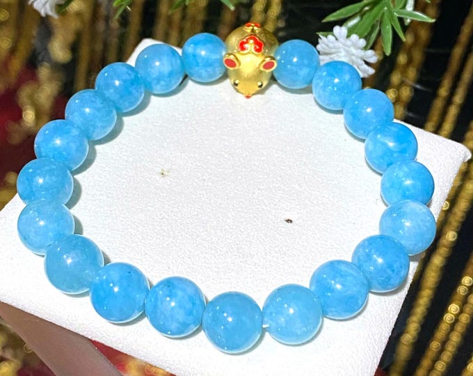 Vintage 24K 9999 Yellow Gold Enamel Mouse Rat with Blue Aquamarine Bead Bracelet 8MM