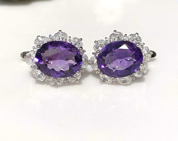 Vintage Sterling Silver Oval cut 5.08cts Natural Amethyst & White Topaz Earrings.