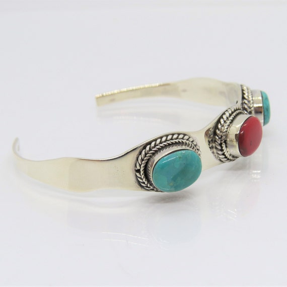 Vintage Sterling Silver Turquoise & Salmon Coral … - image 4