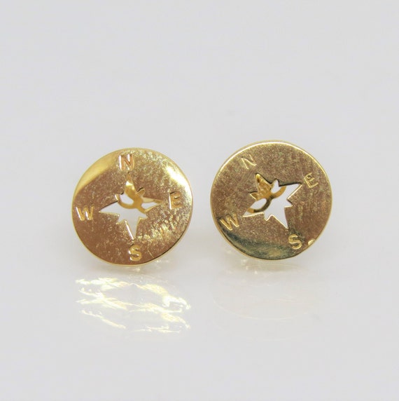 Vintage 14K Solid Yellow Gold Compass Stud Earrin… - image 1