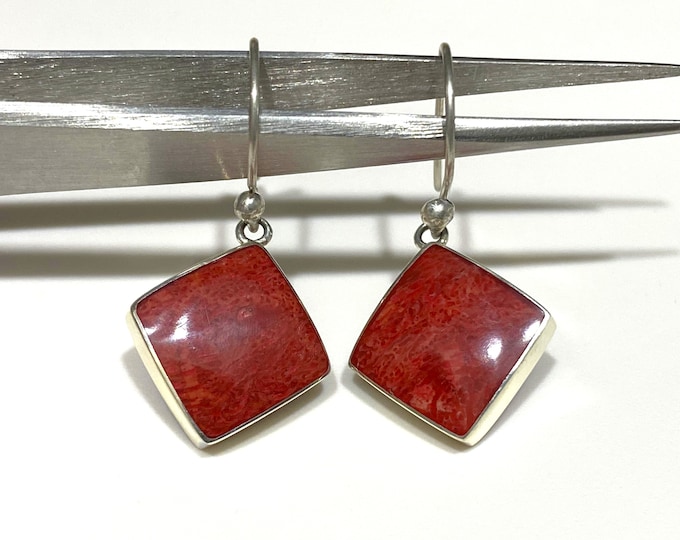 Vintage Sterling Silver Red Coral Dangle Earrings.