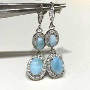 Vintage Sterling Silver Oval cut Larimar & White Topaz Drop Dangle Earrings.