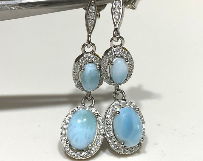 Vintage Sterling Silver Oval cut Larimar & White Topaz Drop Dangle Earrings.