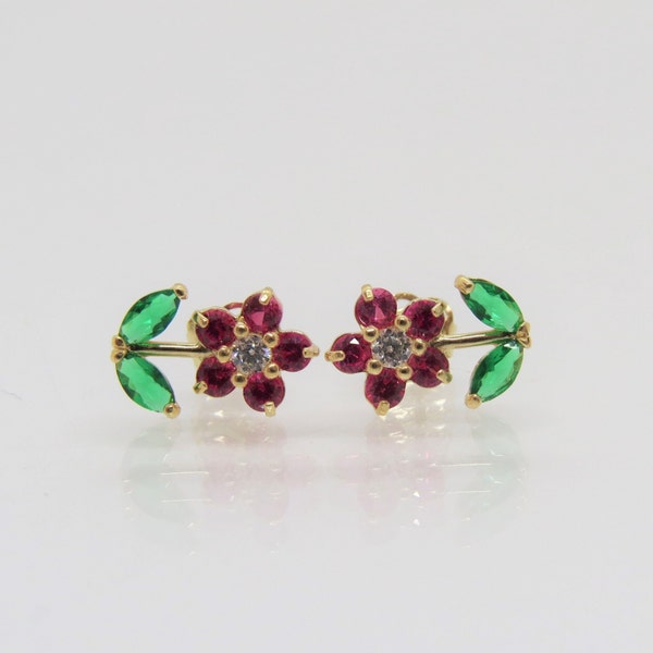 14K Solid Yellow Gold Ruby & Emerald Flower Stud Earrings