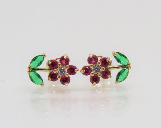 14K Solid Yellow Gold Ruby & Emerald Flower Stud Earrings