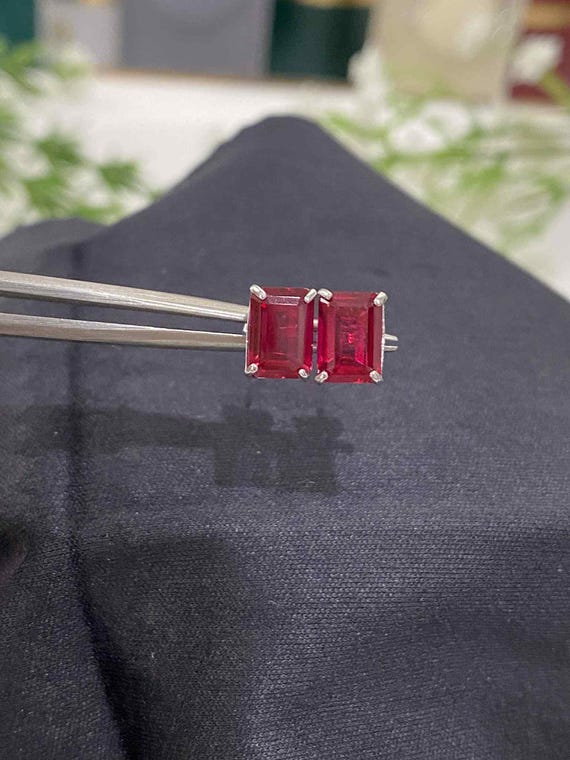 Vintage 14K Solid White Gold Rectangular Ruby Ear… - image 7