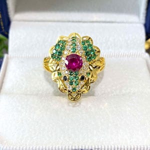 Vintage 15K Gold Frosch Ring Smaragd, Rubin, Topas & Saphir Augen, Größe 10