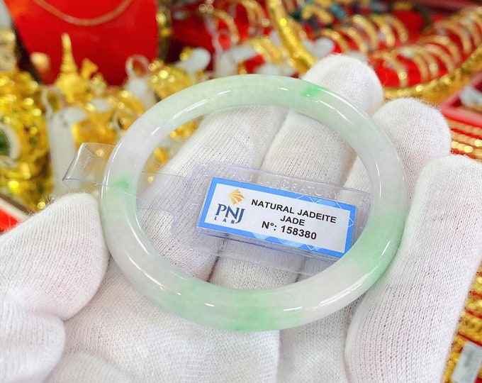 Translucent Natural Light Green, White Jadeite Jade Vintage Bangle Bracelet 55.1MM